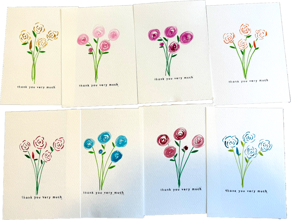Bundle of 8 Flower Art Cards with Envelopes - thank you very much