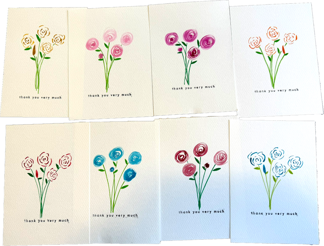 Bundle of 8 Flower Art Cards with Envelopes - thank you very much